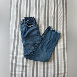 denim straight leg jeans with frayed ends